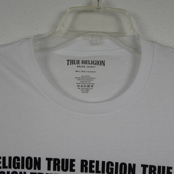 True Religion T-Shirt Men's Size S White Horseshoe Spell Out Logo Cotton - Picture 3 of 6